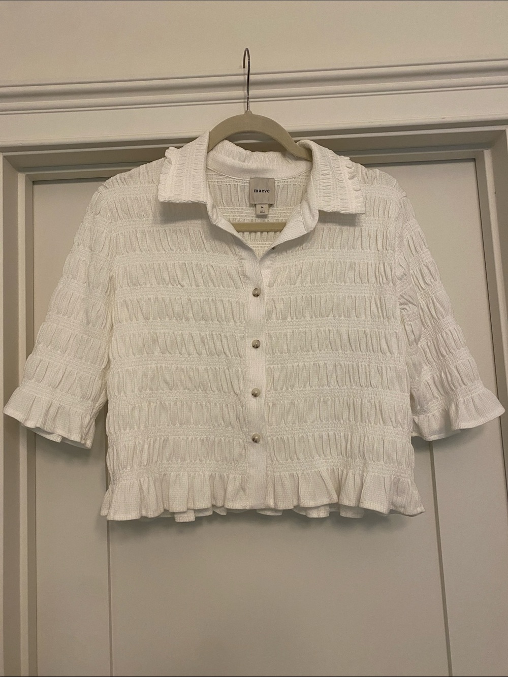 Maeve White Textured Ruffle Button-Down Shirt